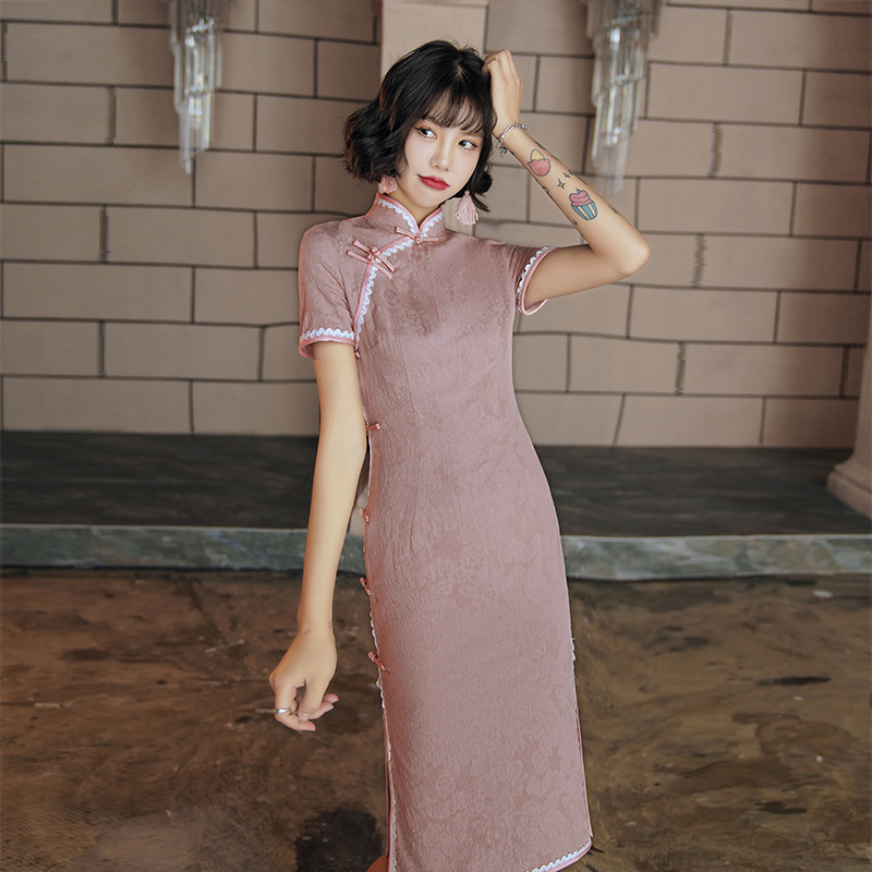 

2020 New Mid-Length Light Pink Cheongsam Chinese Style Fresh And Improved Dress Slim Daily Stretch Cotton Cheongsam