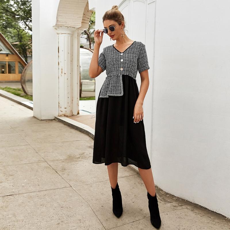 

2020 New dresses Women Chiffon Knee-Length V-Neck Dress Professional splice irregular Clothes Short Sleeve Dress