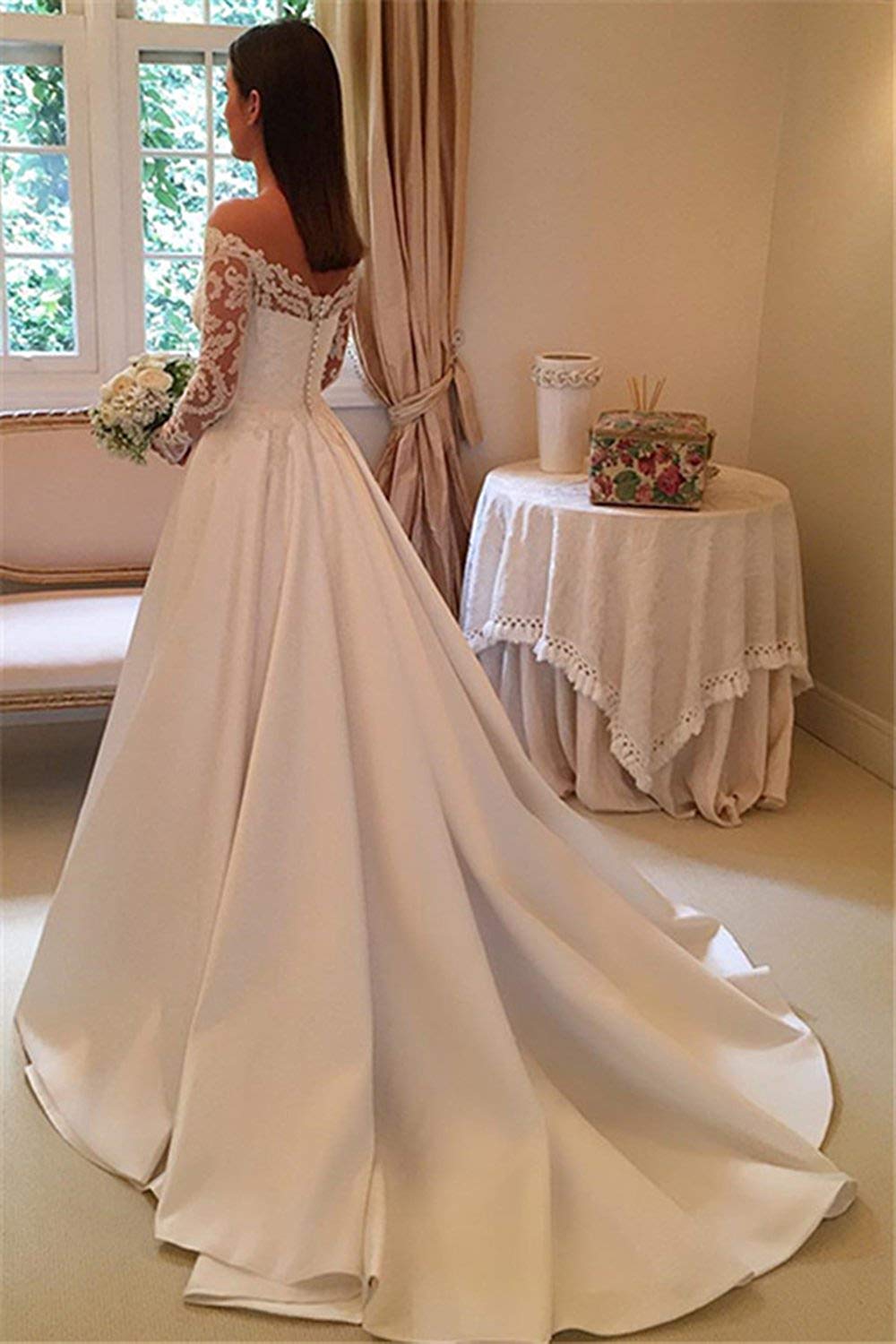 Discount Cheap Satin Ivory A Line Wedding Dresses Elegant Off Shoulder