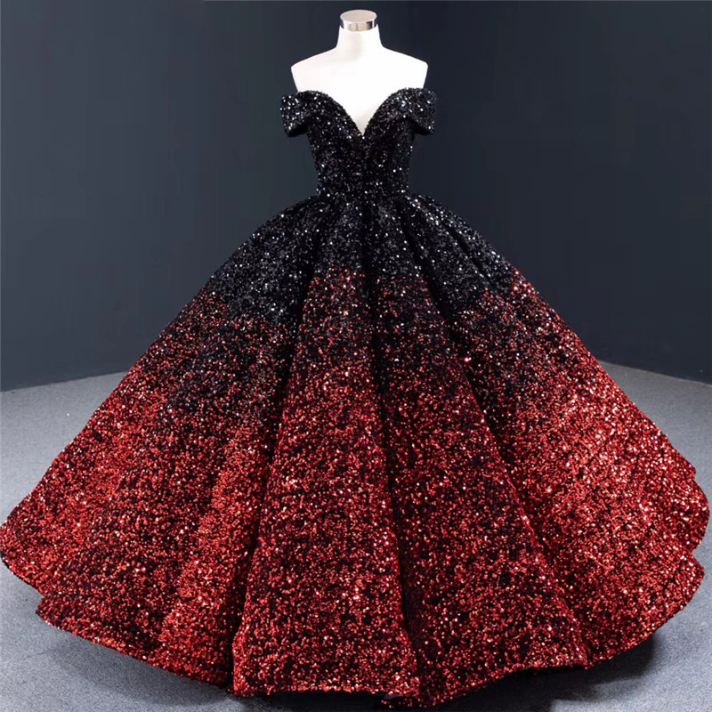 

cross border european and american bridal performance ball pompous skirt palace fantasy sequin one word shoulder evening dress prom ball gow, Black;red