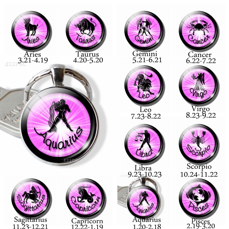 

12 Zodiac Signs Pendant Constellation Cabochon Glass Keychain Metal Keyring Key Holder Virgo Taurus Scorpio Birthday Gift