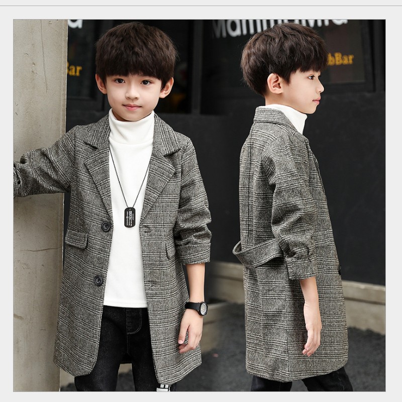 

Children's Windbreaker Jacket Spring Fall Boys Casual Woolen Suit Coat Outerwear Clothes British Style Teenager Kids Long Trench Coat, Dark grey