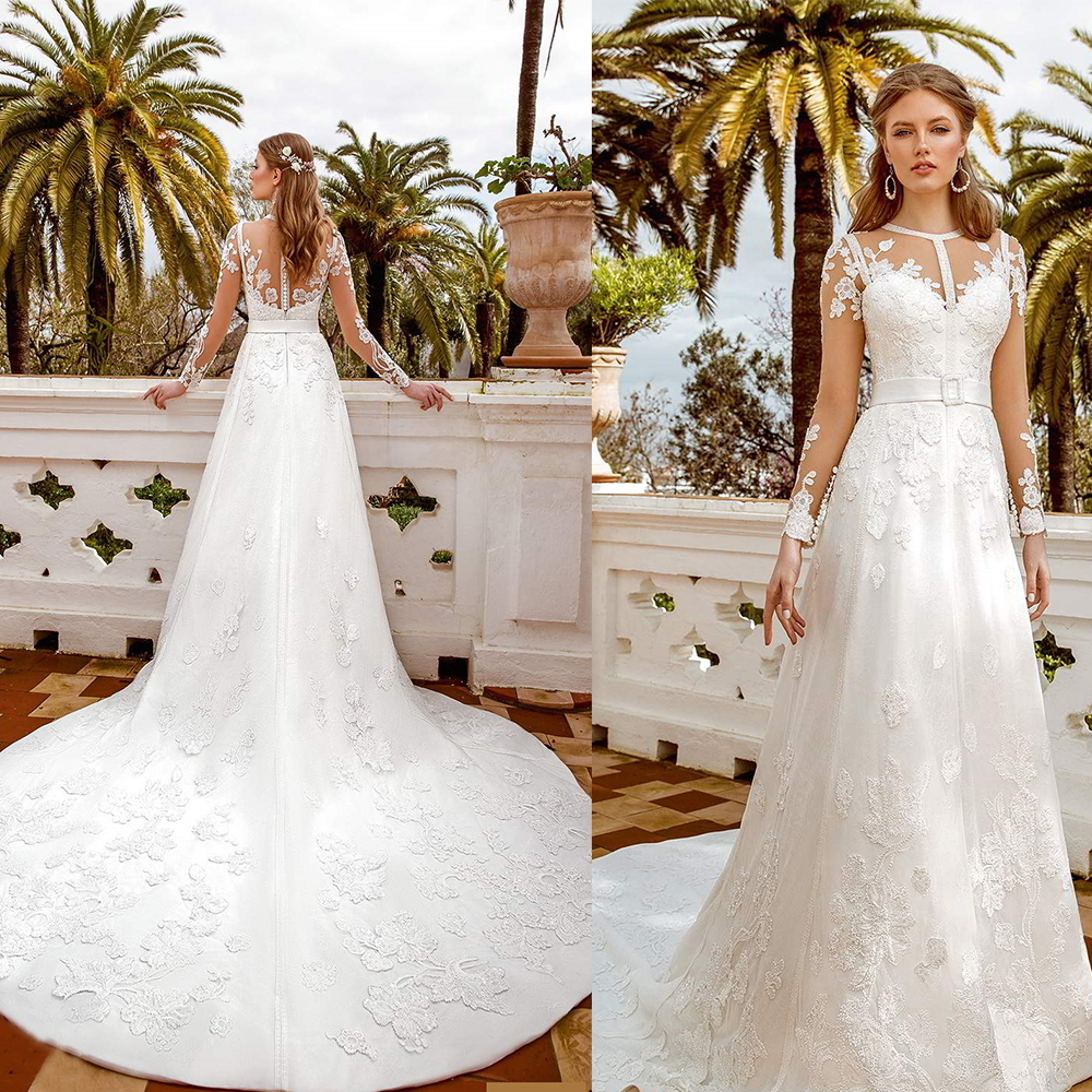

2020 Bohemian Wedding Dresses Long Sleeves Lace Appliques Beads Bridal Gowns Custom Made Button Back Sweep Train A-Line Wedding Dress, Black