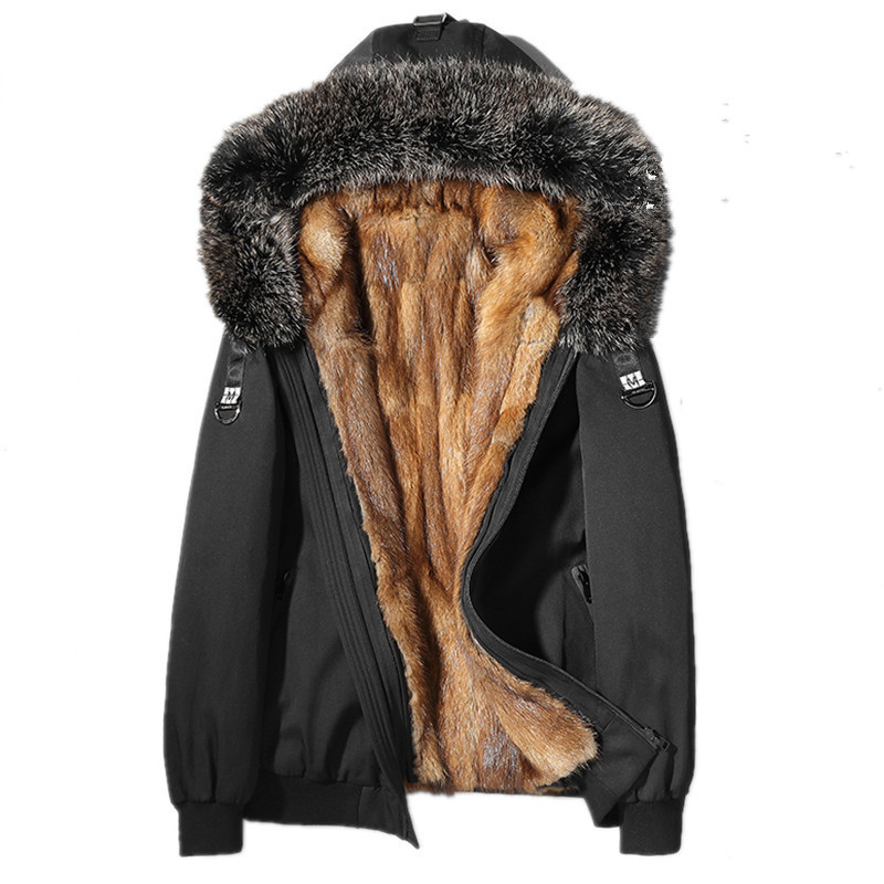 

Real Fur Coat Men Winter Jacket Natural Liner Parka Men Real Raccoon Fur Collar Warm Jacket Parkas L18-6603 MY1862, Black