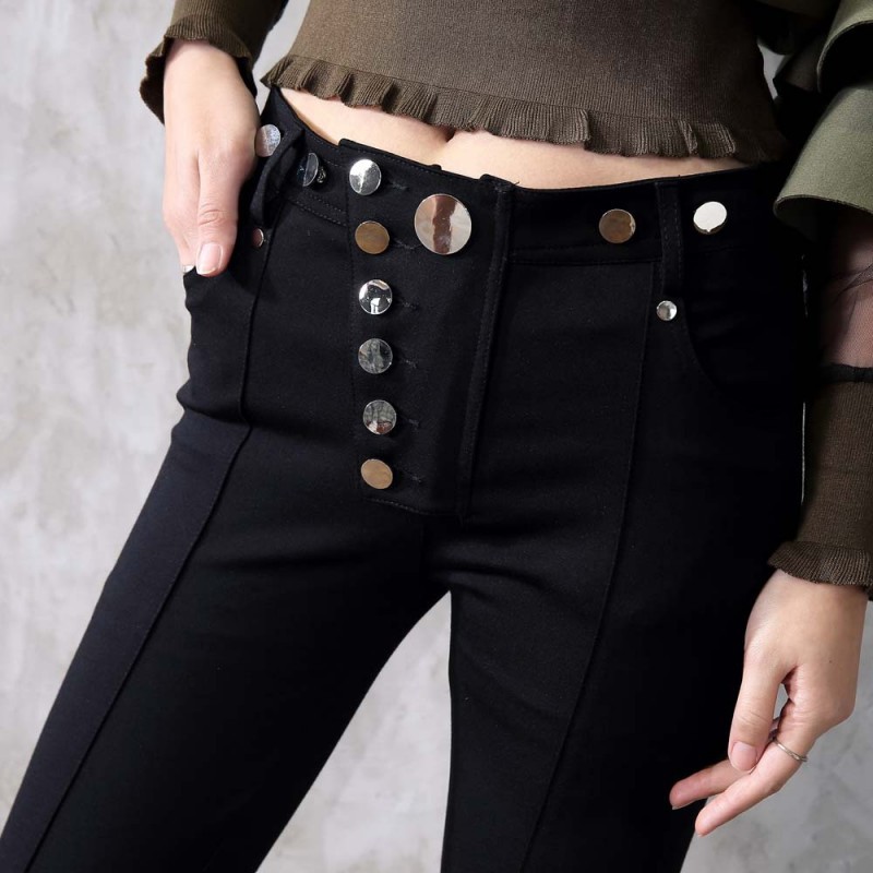 

High Street New Zipper Split Denim Pencil Pants Buttons Stretchy Skinny Jeans Woman Black Casual Long Trousers Female Bootcuts