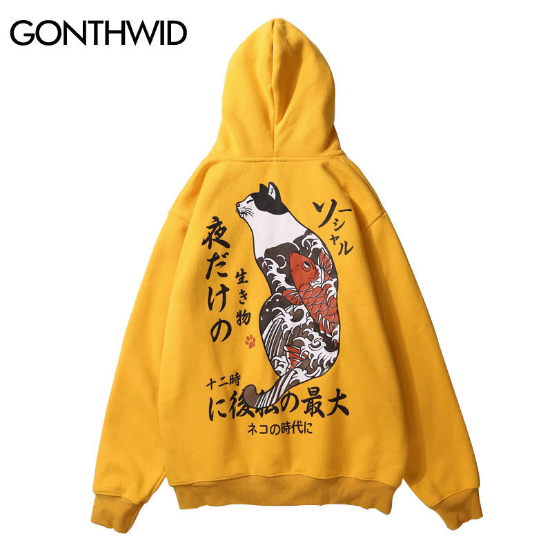 GONTHWID Japanese Ukiyo Cat Printed Fleece Hoodies Mens 2018 Hip Hop Pullover Hooded Sweatshirts Streetwear Male Fashion Hoodie D18122701