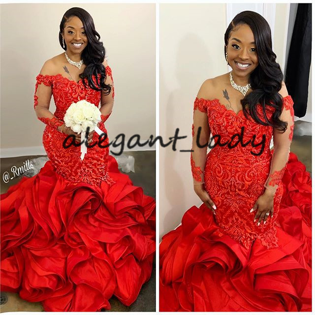 

Illusion Long Sleeve African Evening Formal Dresses 2020 Cascading Ruffles Red Lace Beaded Plus Size mermaid Prom Party Gowns