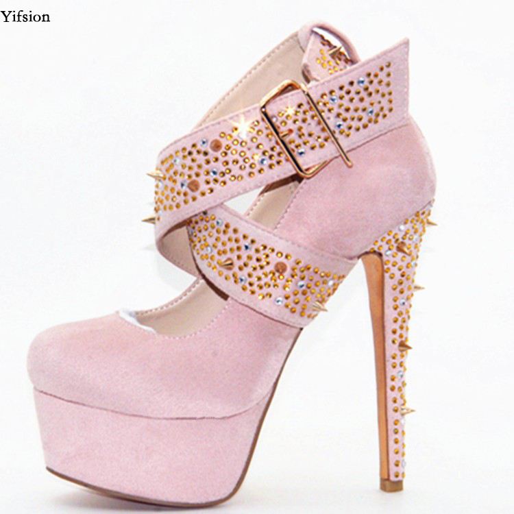 

Rontic New Women Platform Pumps Thin High Heels Shoes Sexy Rivets Buckle Strap Round Toe Pink Party Women Shoes US Size 4-10.5