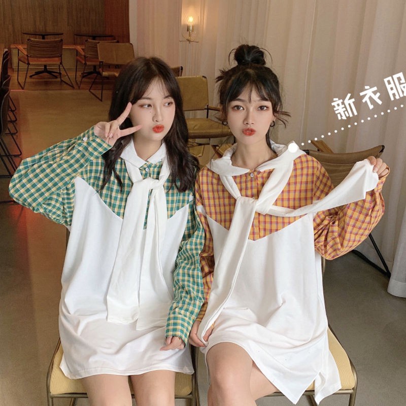 

Patchwork Plaid hooded sweatshirt skirt students loose Korean Harajuku style thin Long Sleeve Hoodies new Spring women new tops, Yellow