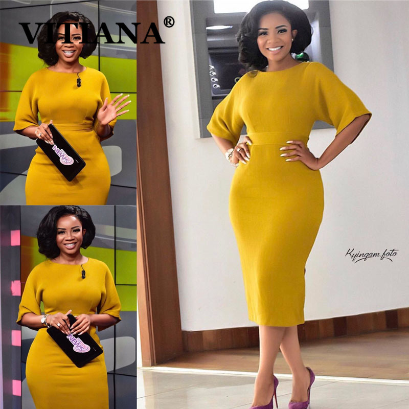 

VITIANA Women Elegant Fashion Bodycon Dress Summer 2020 Female Slim Office Lady Yellow Midi Dresses Femme Casual Vestidos, Yell
