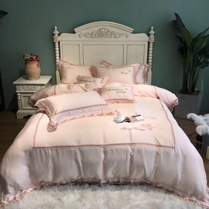 

35Noble Pale Pink Exquisite Lace Embroidery Tencel Silk Bedding Set Duvet Cover Bed Linen Bed sheet Pillowcases 4/5Pcs