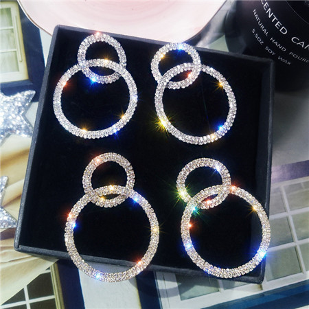 

Large and small circle rhinestone long earrings wild net red earrings earrings female tide, Silver