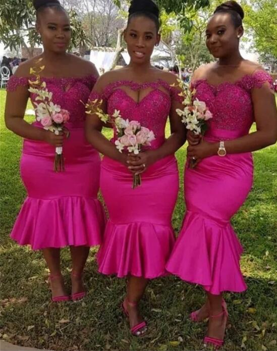 

2020 South Africa Fuchsia Bridesmaid Dresses Scoop Neck Tea Length Mermaid Maid Of Honor Wedding Guest Gown Custom Made Hot Sale Cheap