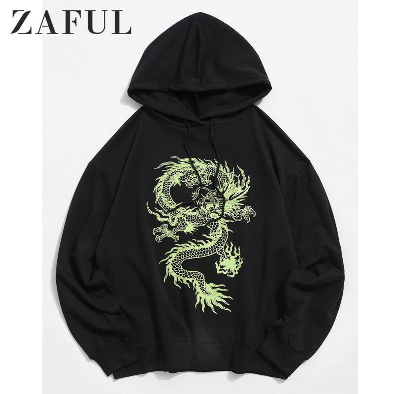 

ZAFUL Hoodies Sweatshirts Men Dragon Graphic Drawstring Drop Shoulder Hoodie Menswear Casual Fall Cotton Dragon Coats Male, Black