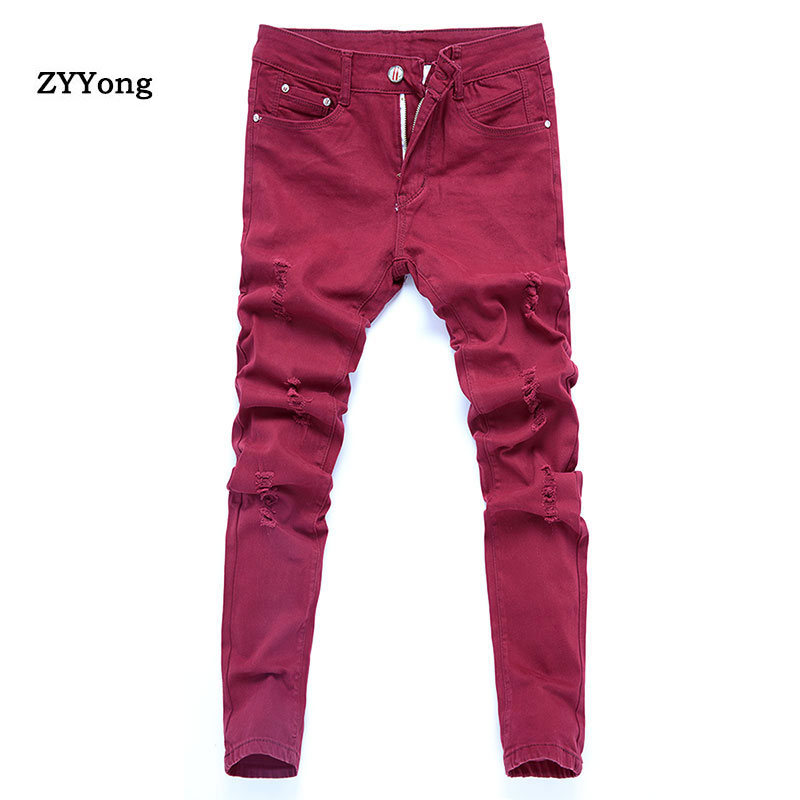 

Skinny Jeans Men Red Ripped Fashion Casual Slim Fit Biker Jeans Hip Hop Destroy Stretch Denim Pants Motorcycle, White