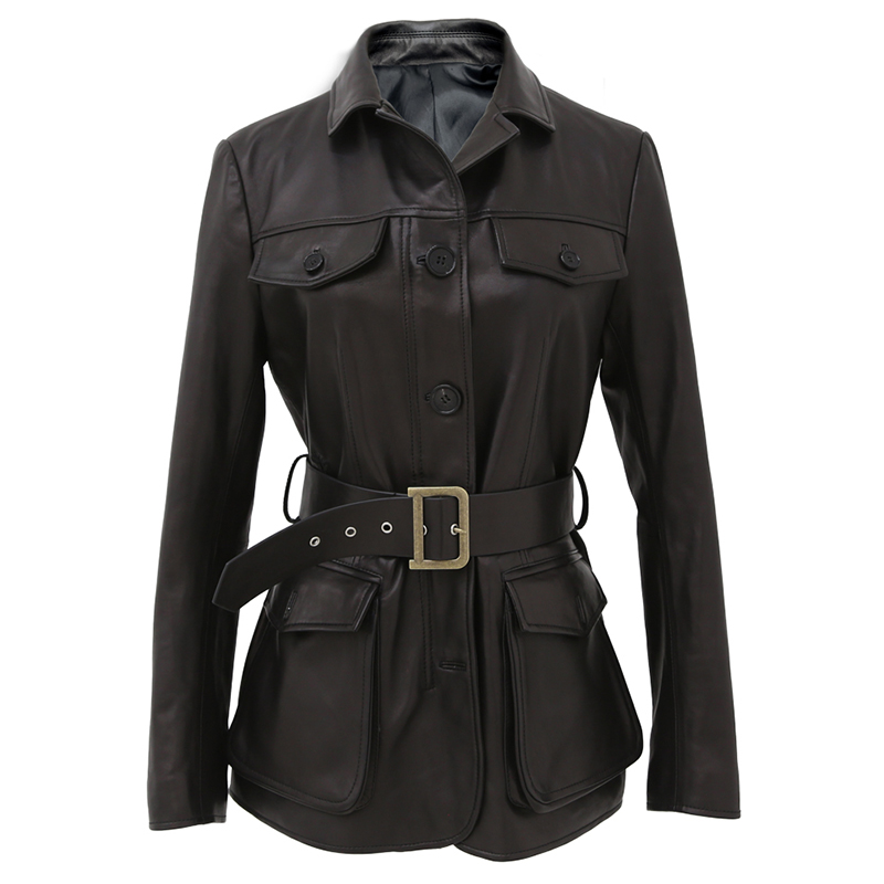 

Lautaro Black leather jacket women long sleeve turndown collar belt many pockets Safari style plus size faux leather shirt women
