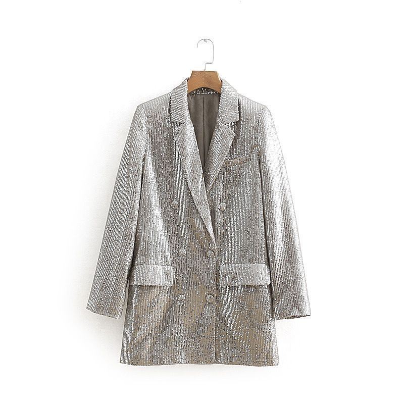 

2019 Spring Suit Collar Jacket Long Sleeves Double-breasted Suit Straight Tube Solid Color Medium-long Sequined Women' Blazers, Picture