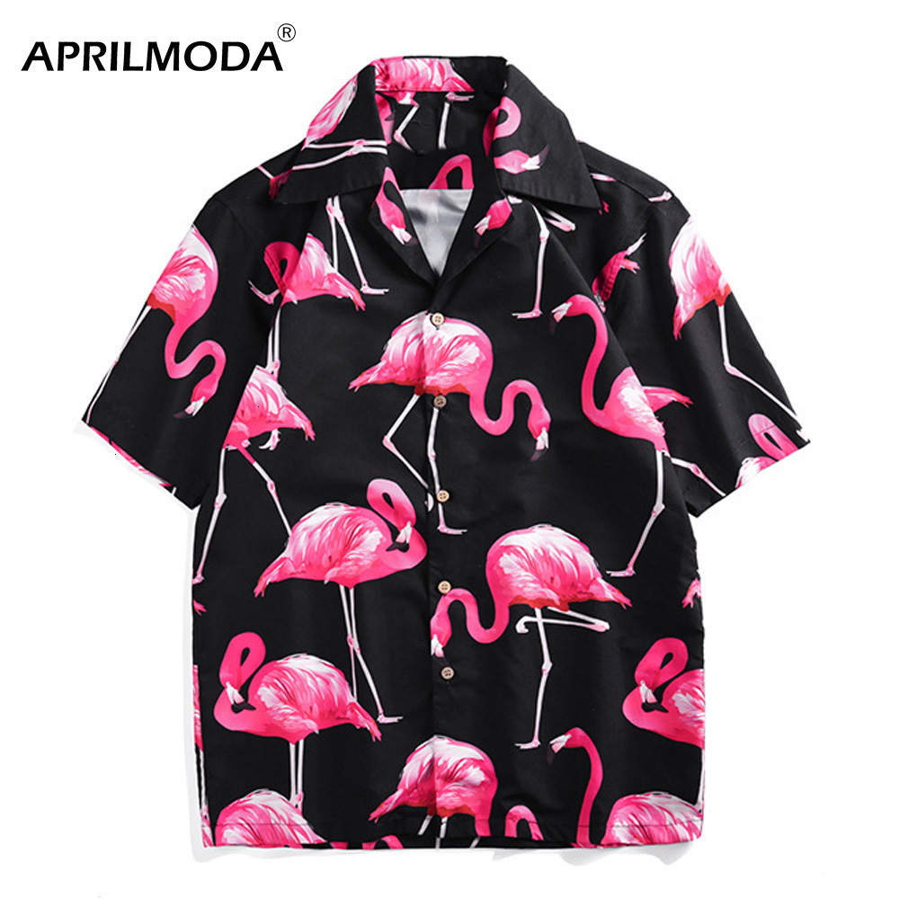 

2019 Slim Fit Shirt Men's Clothing Short Sleeve Mens Dress Shirts Summer Hawaii Casual Male Flamingo Print Harujuku Beach Shirt