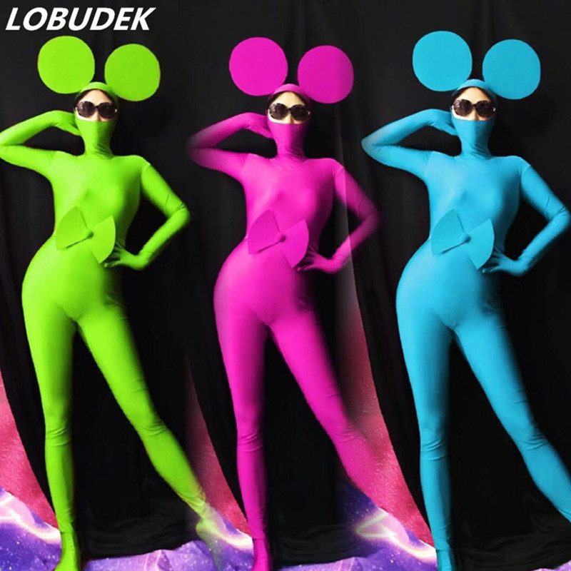 

Unisex Rat Role Performance Skinny Tights Stage Wear Stretch Masked Jumpsuit Headdress Bar Nightclub Dance Team Cosplay Costume, Male orange