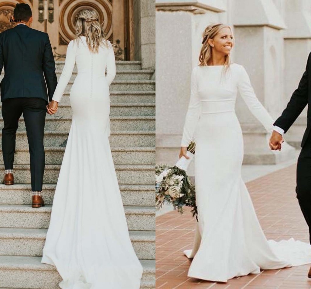 

Modest Mermaid Wedding Dresses 2020 Long Sleeve Bateau Sweep Train Satin Country Garden Bridal Gowns vestidos de novia Plus Size, White