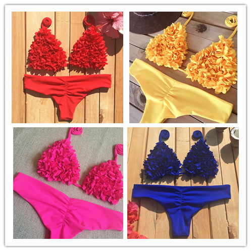 4colors 3D Lace Flower Swimsuit Women Swimwear Halter Brazilian Bikini Set Print Bathing Suit Swimming Suit For Girls-image-484613920