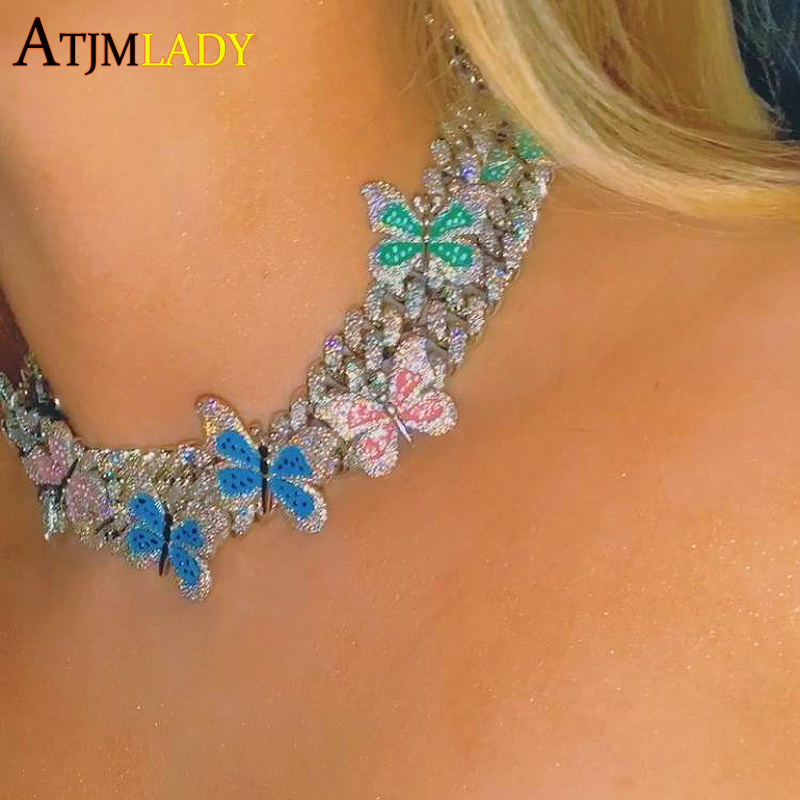 

Chains Enamel Multi Color Butterfly Women Jewelry Iced Out Bling Cz Colorful Cubic Zirconia Charm 12mm Cuban Choker Necklace