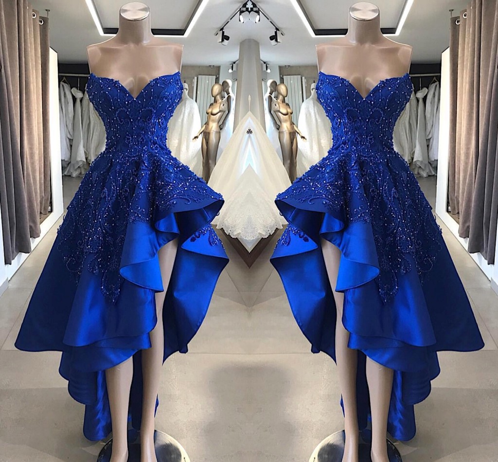 Königsblau Eine Linie Satin High Low Abendkleider Spitze Perlen Applikationen Kurze Ballkleider Asymmetrische Abend Party Wear BC9 Königsblau Eine Linie Satin High Low Abendkleider Spitze Perlen Applikationen Kurze Ballkleider Asymmetrische Abend Party Wear BC9