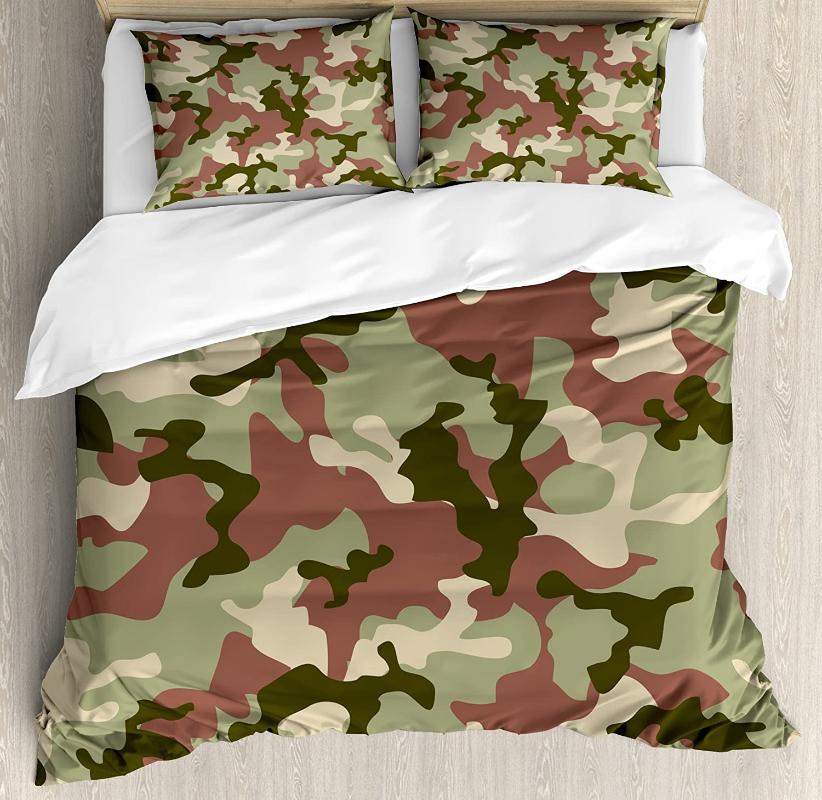 

Camo Duvet Cover Set Illustrated Green Camouflage in Forest Colors Combat Bedding Set Dried Rose Dark Green Army, As pic