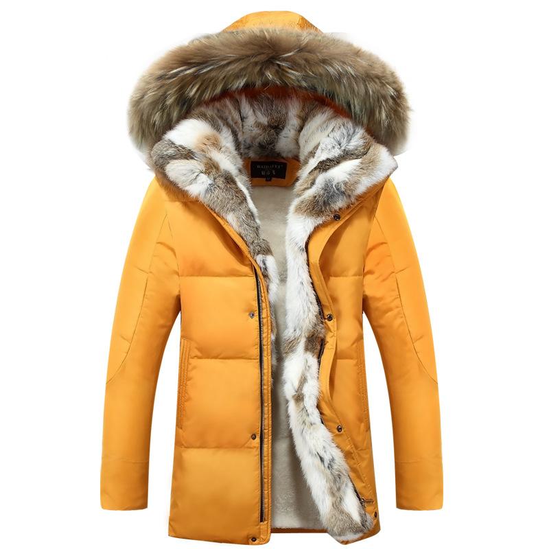 Mens Winter Warm Hooded Real Rabbit Fur Jacket Fox Fur Collar Coat Outwear Parka