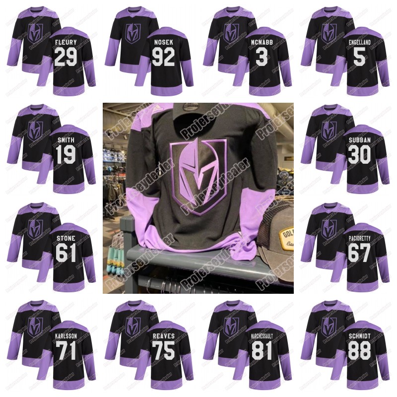 

Vegas Golden Knights Fights Cancer Practice Black Jersey Mark Stone Marc-Andre Fleury Ryan Reaves William Karlsson Reilly Smith Marchessault, Black;red