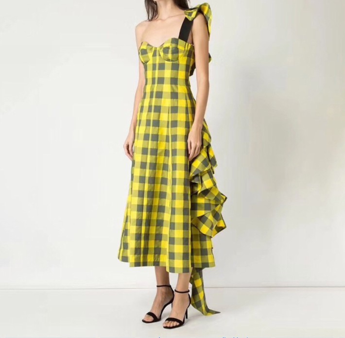 

Top Quality Sexy One Shoulder Dress Celebrity Fashion Summer Vintage Evening Party Dresses, Yellow