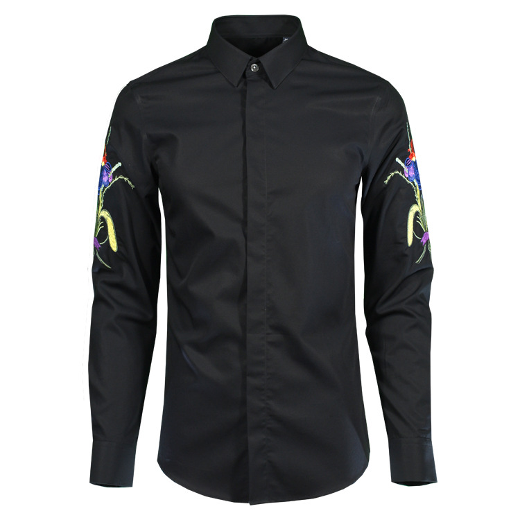 

lu 100% Cotton Men Shirt Luxury Flower Embroidered Long Sleeve Mens Dress Shirt Camisa Masculina Mens Shirts Casual Slim Fit, White