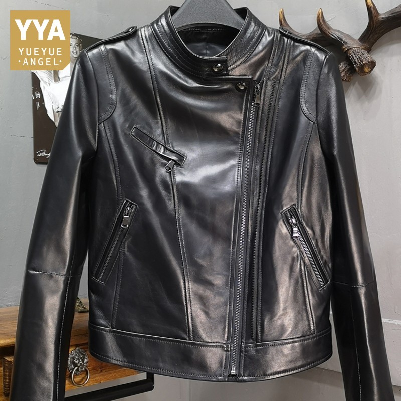 

Fashion Long Sleeve Zipper Stand Collar Womens Short Jackets Spring Autumn Sheepskin Genuine Leather Slim Fit Coats Plus Size, Black