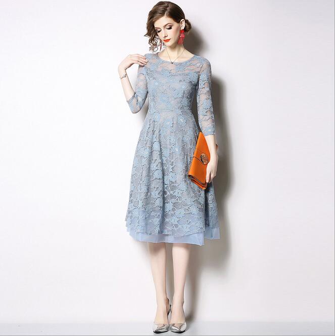 

Ins hot spring lace embroidery Flora Women skirts summer Crew neck A-Line sweet girl mini dresses street style dress 3/4 sleeve Knee-Length, Blue