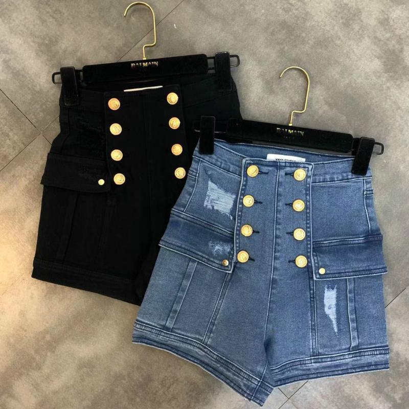 

Spring Summer High Waist Gold Buttons Hole Jean Shorts Woman Trend Denim Shorts Slim Lady' Hot Pants Blue Black