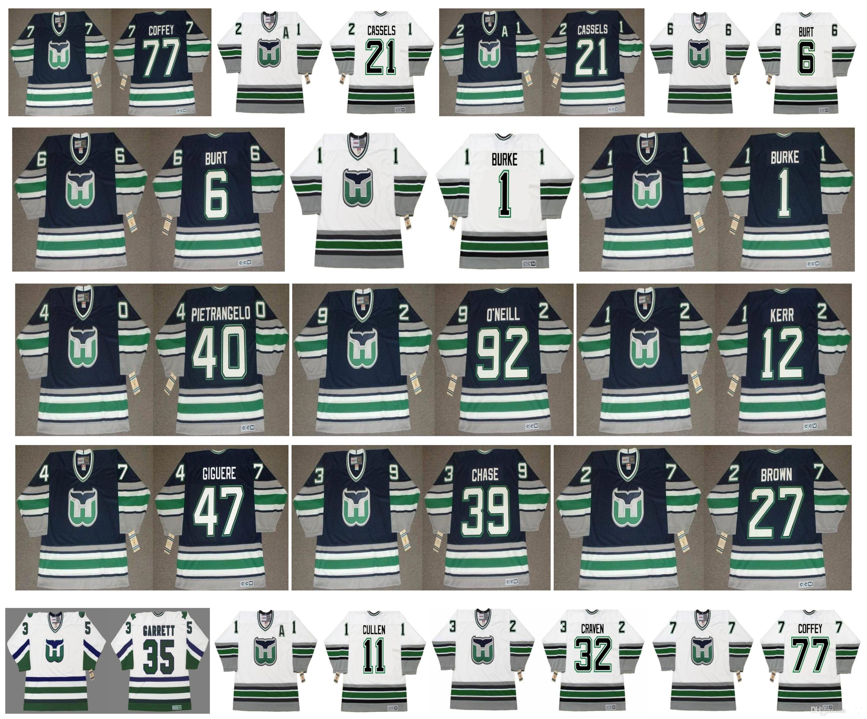 

Vintage Hartford Whalers Jerseys 39 KELLY CHAS 6 Burt 1 SEAN BURKE 40 PIETRANGELO 92 JEFF O'NEILL 12 TIM KERR 47 Giguere 27 BROWN CCM Hockey, Colour 3