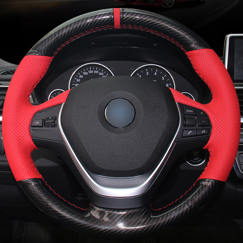 Couture à la main personnalisée en cuir de Fiber de carbone cuir rouge marqueur rouge couverture de volant de voiture pour BMW F30 320i 328i 320d