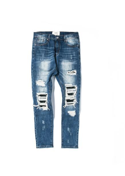 

Men's Jeans 2 Colors Mens Washed Folds Hole Slim Stretch Ripped Fashion Trousers Pencil Pants Street Clothing, Black