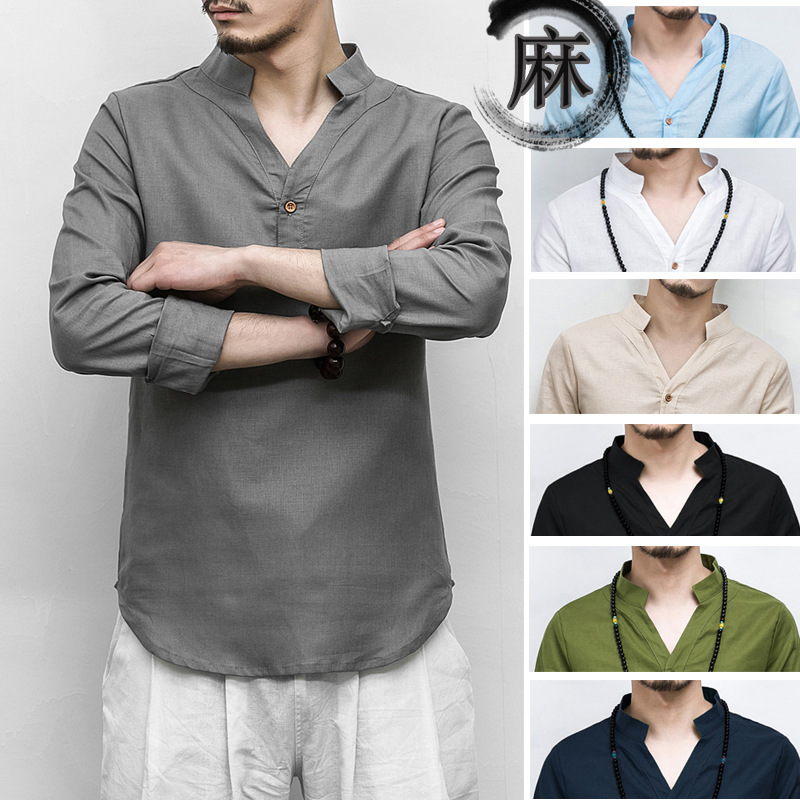 

Chinese Linen Blouse Casual Clothing Men V-neck Long Sleeve Tee Top Plus Size T-shirt Tang Suit Hanfu Buddhist Outfit