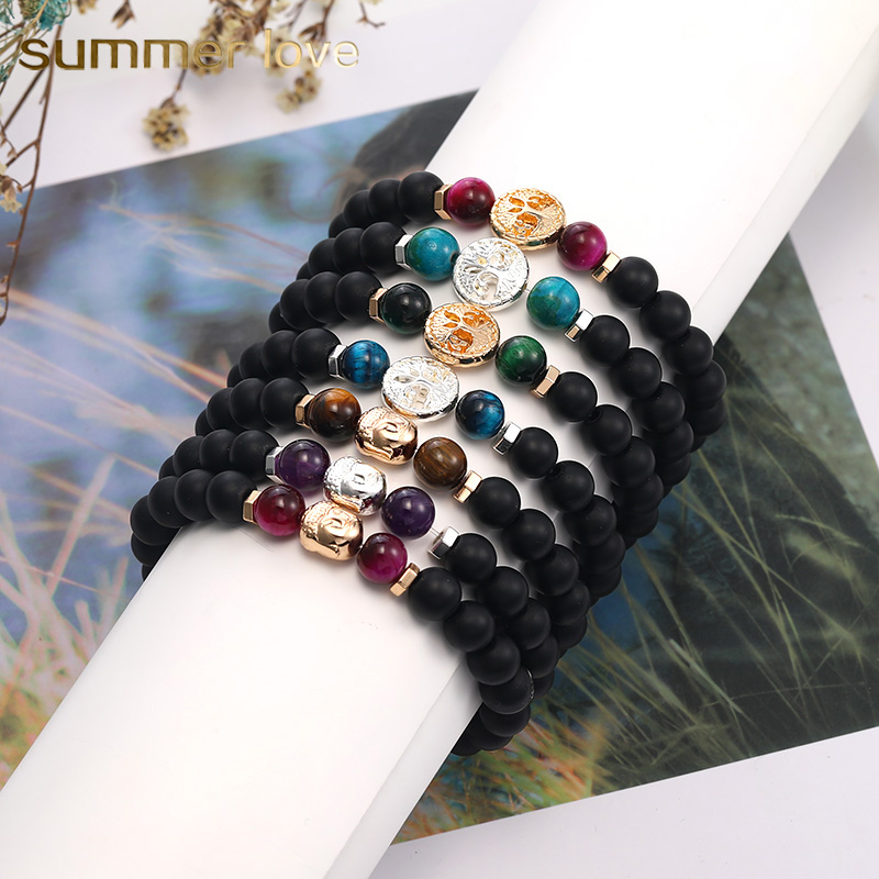 

Handmade Buddha Head Tree of Life Charm Bracelet 8MM Frosted Stone Tiger Stone Bead Bracelet Bangles Elastic For Women Men Fashion Jewelry