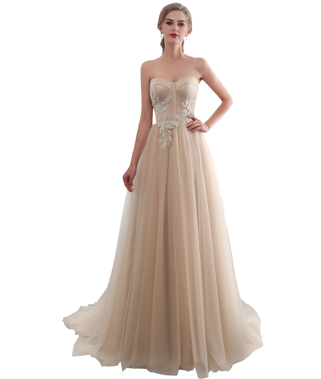 Sexy Strapless Champagne A Line Evening Dresses Lace 2021 Long Floor Length Formal Prom Evening Gowns-image-434373611