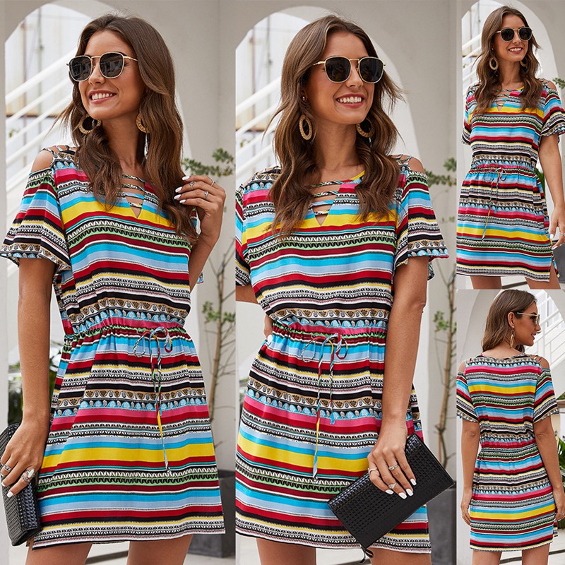 

Summer Dress Women Casual Color Striped Mini Short Sundresses Vintage Fitted Overalls for Women Fashion, As shown