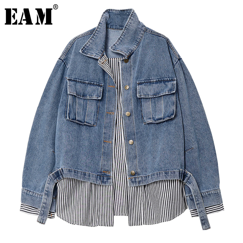 

EAM] Loose Fit Blue Denim Striped Split Joint Big Size Jacket New Lapel Long Sleeve Women Coat Fashion Tide Spring 2020 1S626