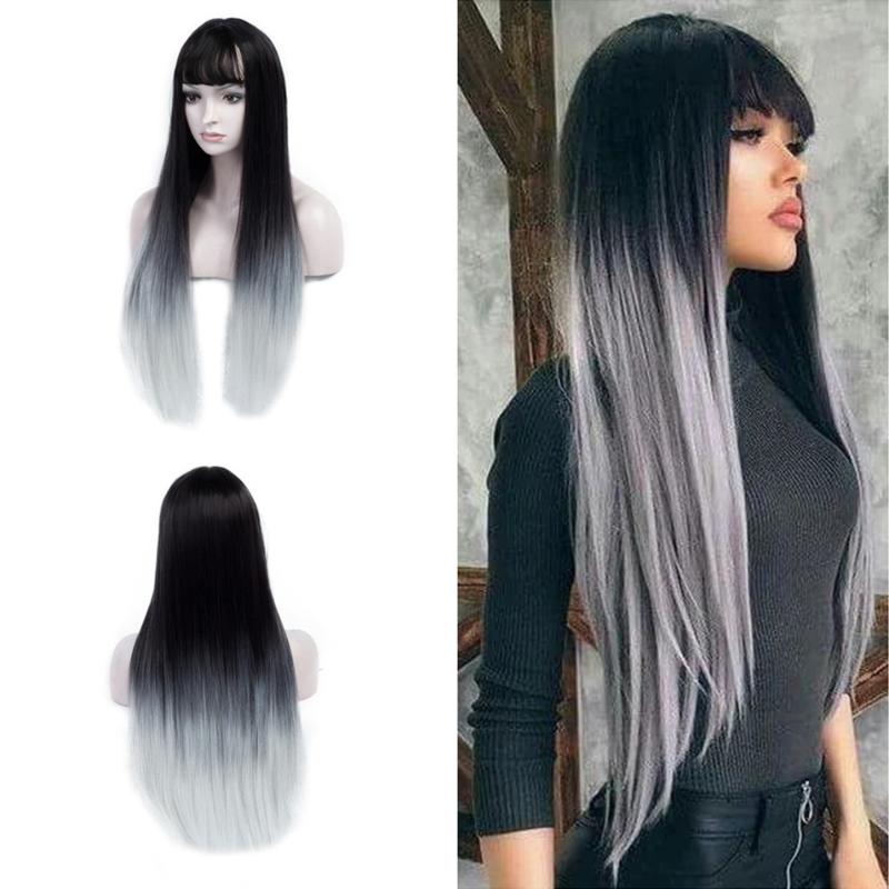 

SHUOHAN 28inch Synthetic Straight Ombre Wig For Women Black Gray Heat Resistant High Temperature Fiber Long Cosplay Grey SX209, As pic