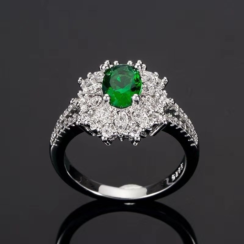 

Green Zircon Flower Crystal Ring Silver Vintage Bridal Wedding Engagement Party Rings for Women Fashion Jewelry Accessories