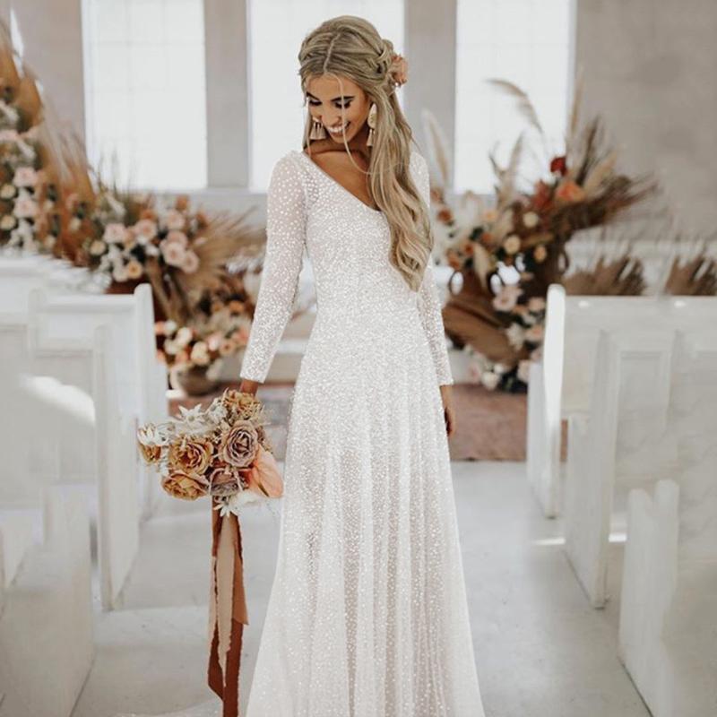 

2020 Sexy Dresses party summer night club dress for Ladies Sexy V-neck Long Sleeve Sequin Dress Long party night, White