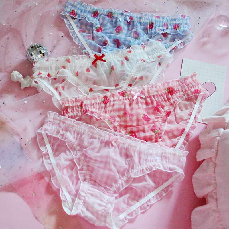 

Soft Sister Sexy Lolita Cute Low Waist Chiffon Mesh Panties Strawberry Plaid Print Underwear Japanese Ultrathin Briefs Lingerie, Pink