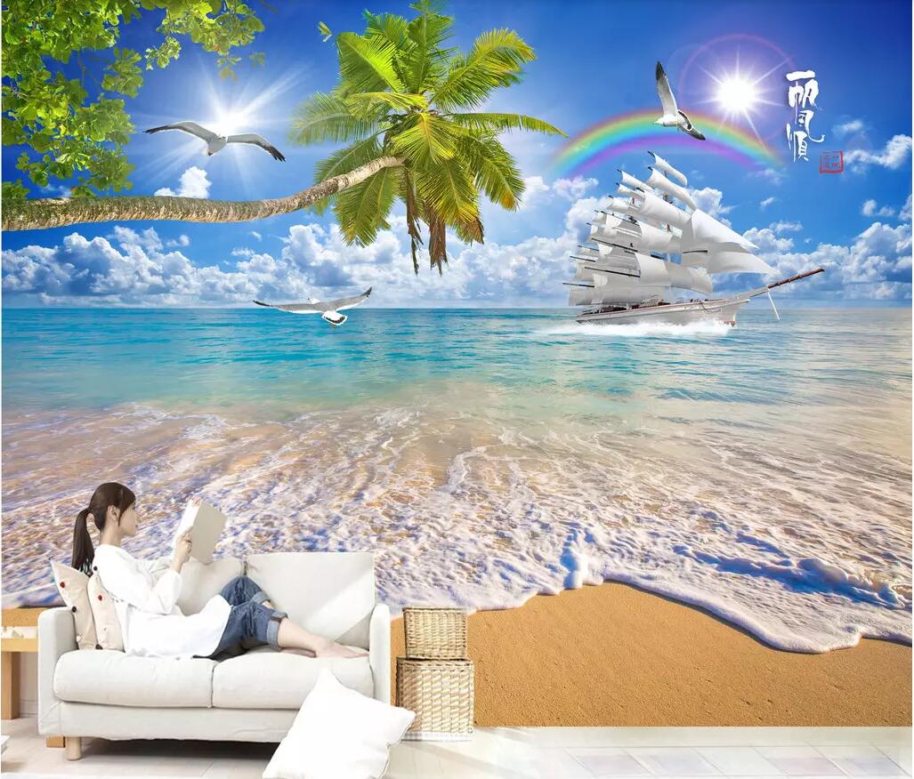 

3d room wallpaper custom photo non-woven mural Smooth sailing coconut tree beach spray 3D landscape TV background wallpaper for walls 3 d, Picture shows
