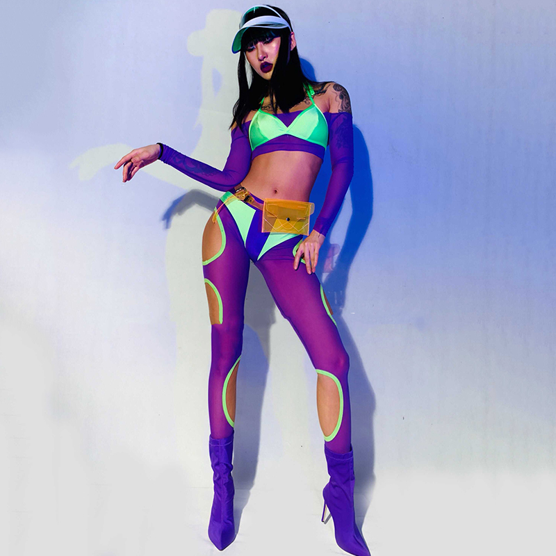 

Stage Costumes For Singers Sexy Mesh Purple Cutout Pants Fluorescent Bikini Nightclub Women Rave Clothes Performance Wear DN5586, As picture