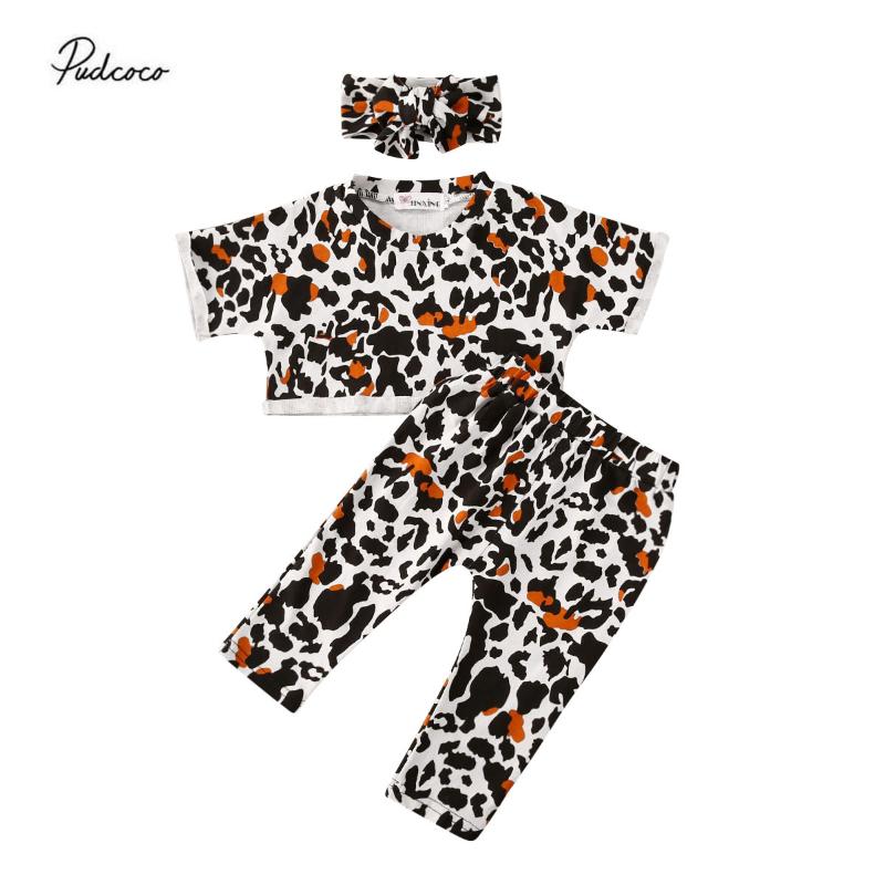 

2020 Fashion New Toddler Baby Girl Clothes Leopard Print 0-4Y Kids Short Sleeve Crop Tops+Long Pants Headband Summer 3pcs Set, As pic